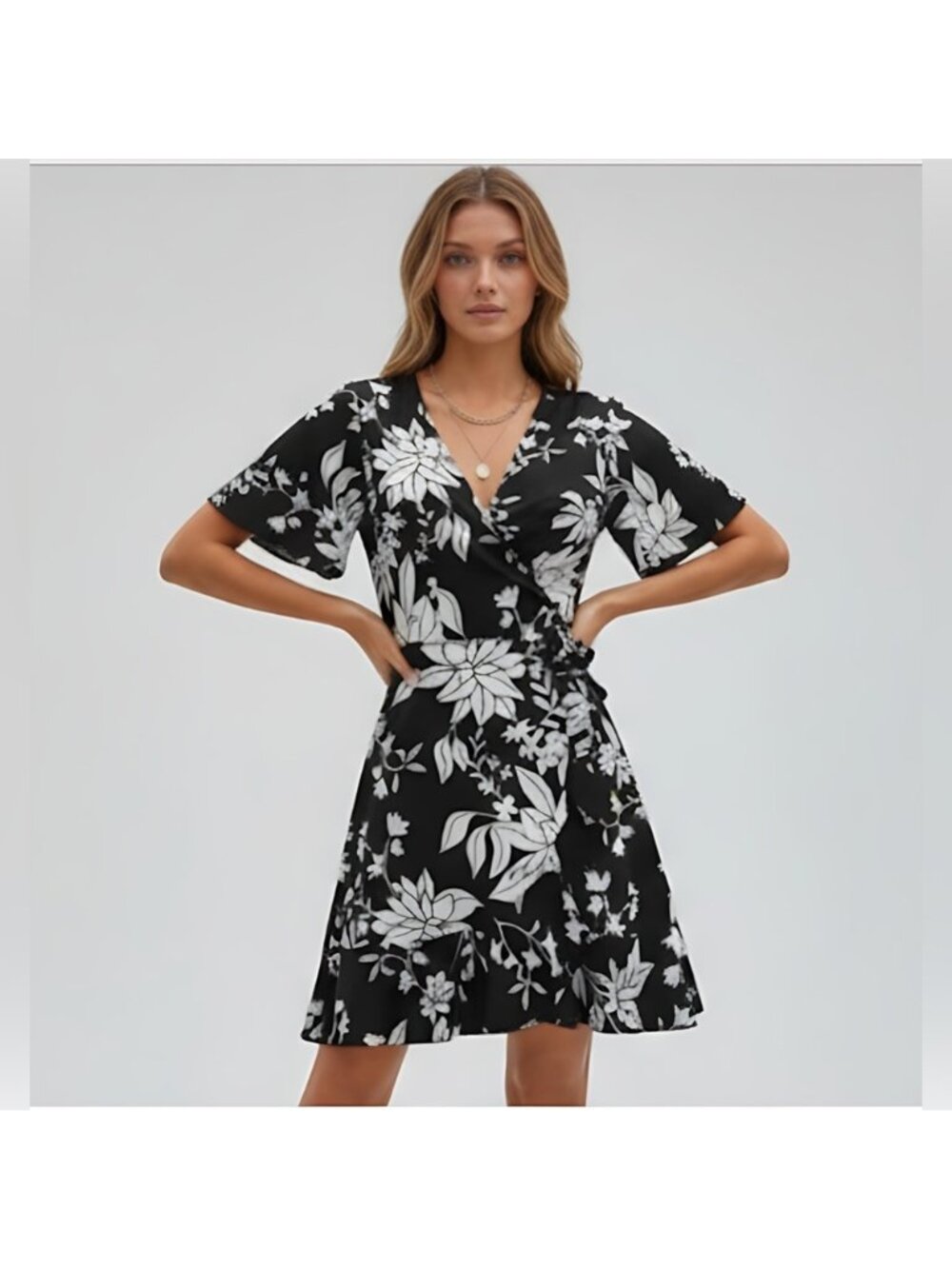 Floral Print Butterfly Sleeve Ruffle Trim Wrap Knot Side Dress